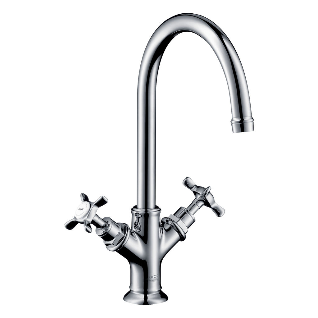 AXOR Montreux 2-Handle Basin Mixer Faucet 210 with Cross Handles, Swivel Spout and Pop-Up Waste Set from Brandt in Chrome finish