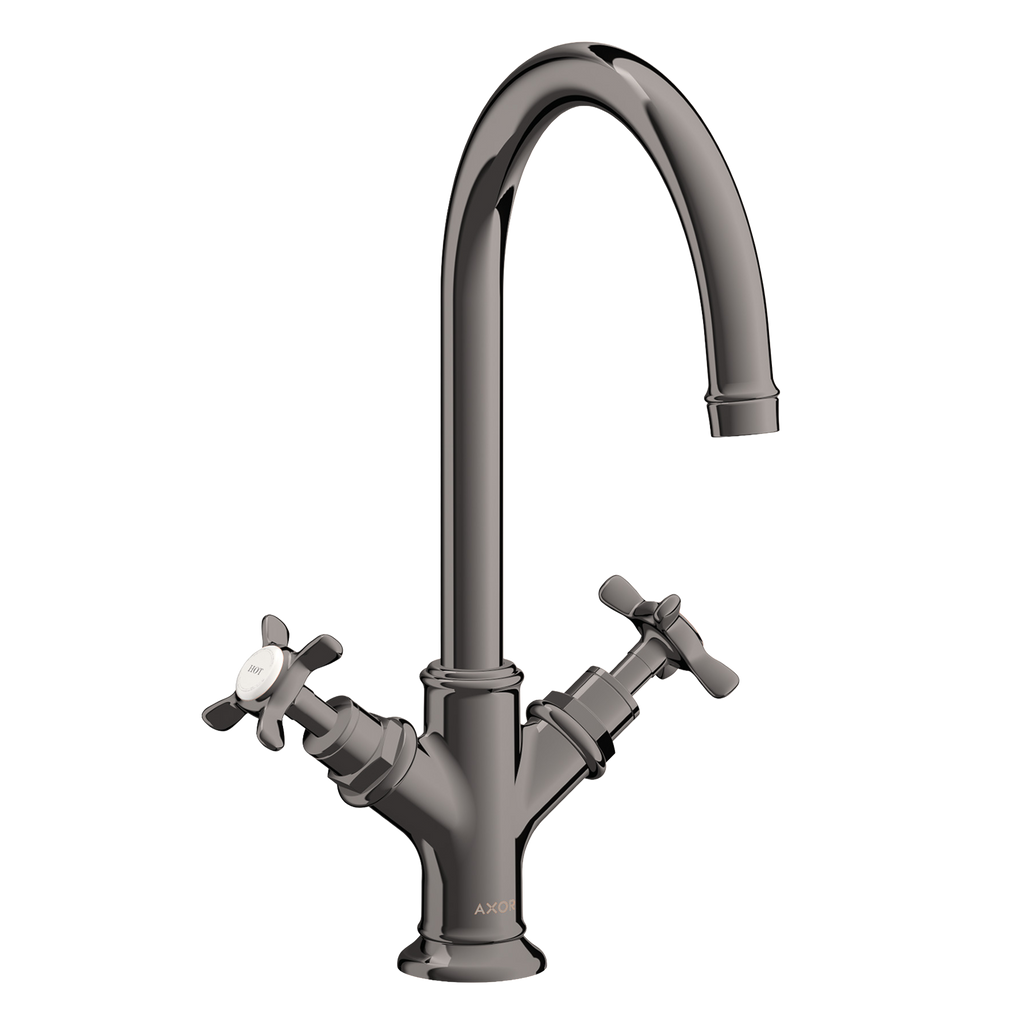 AXOR Montreux 2-Handle Basin Mixer Faucet 210 with Cross Handles, Swivel Spout and Pop-Up Waste Set from Brandt in Polished Black Chrome finish