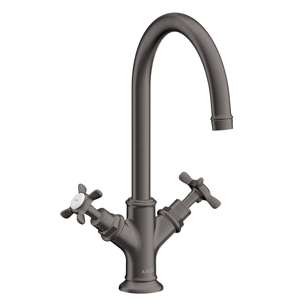 AXOR Montreux 2-Handle Basin Mixer Faucet 210 with Cross Handles, Swivel Spout and Pop-Up Waste Set from Brandt in Brushed Black Chrome finish