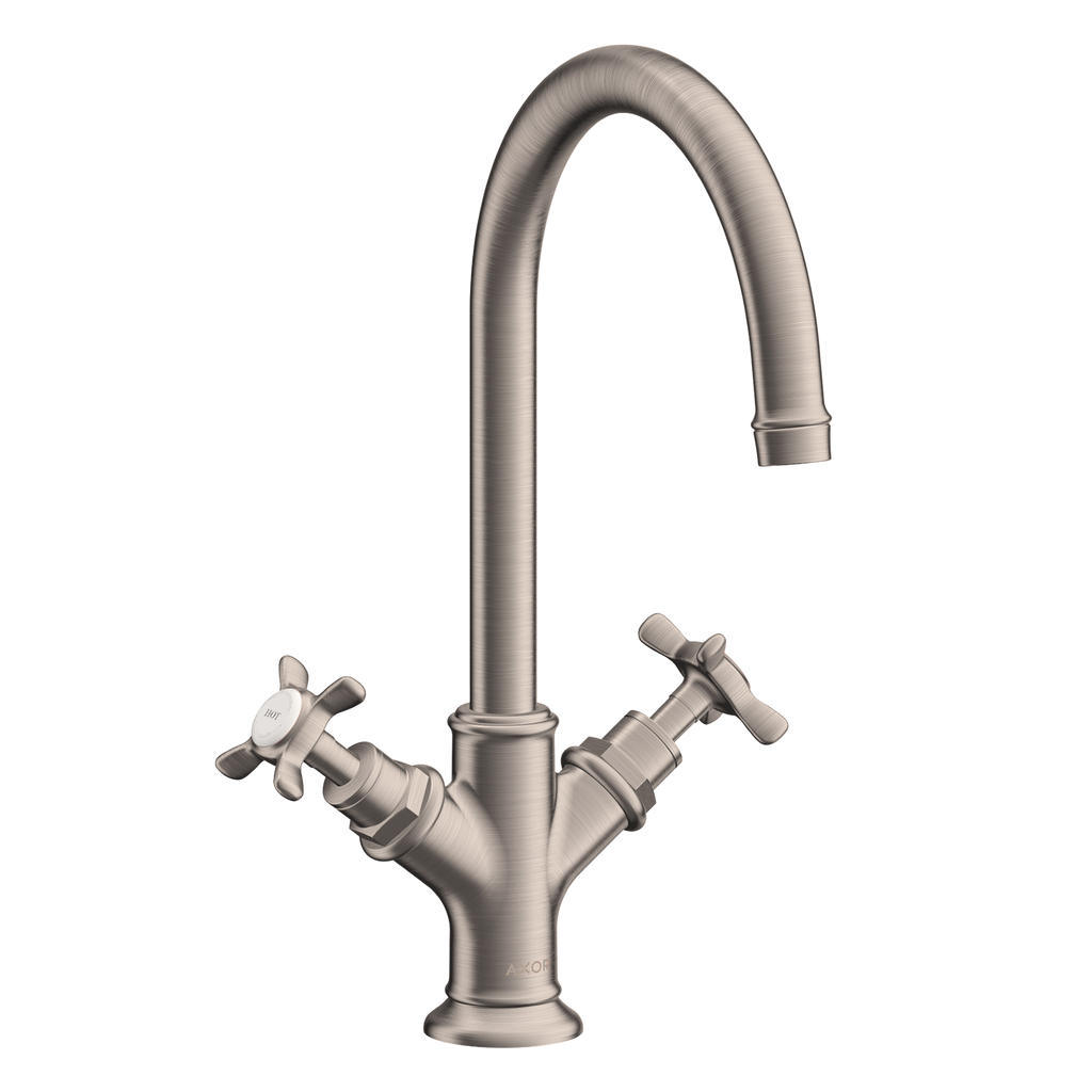 AXOR Montreux 2-Handle Basin Mixer Faucet 210 with Cross Handles, Swivel Spout and Pop-Up Waste Set from Brandt in Stainless Steel Optic finish