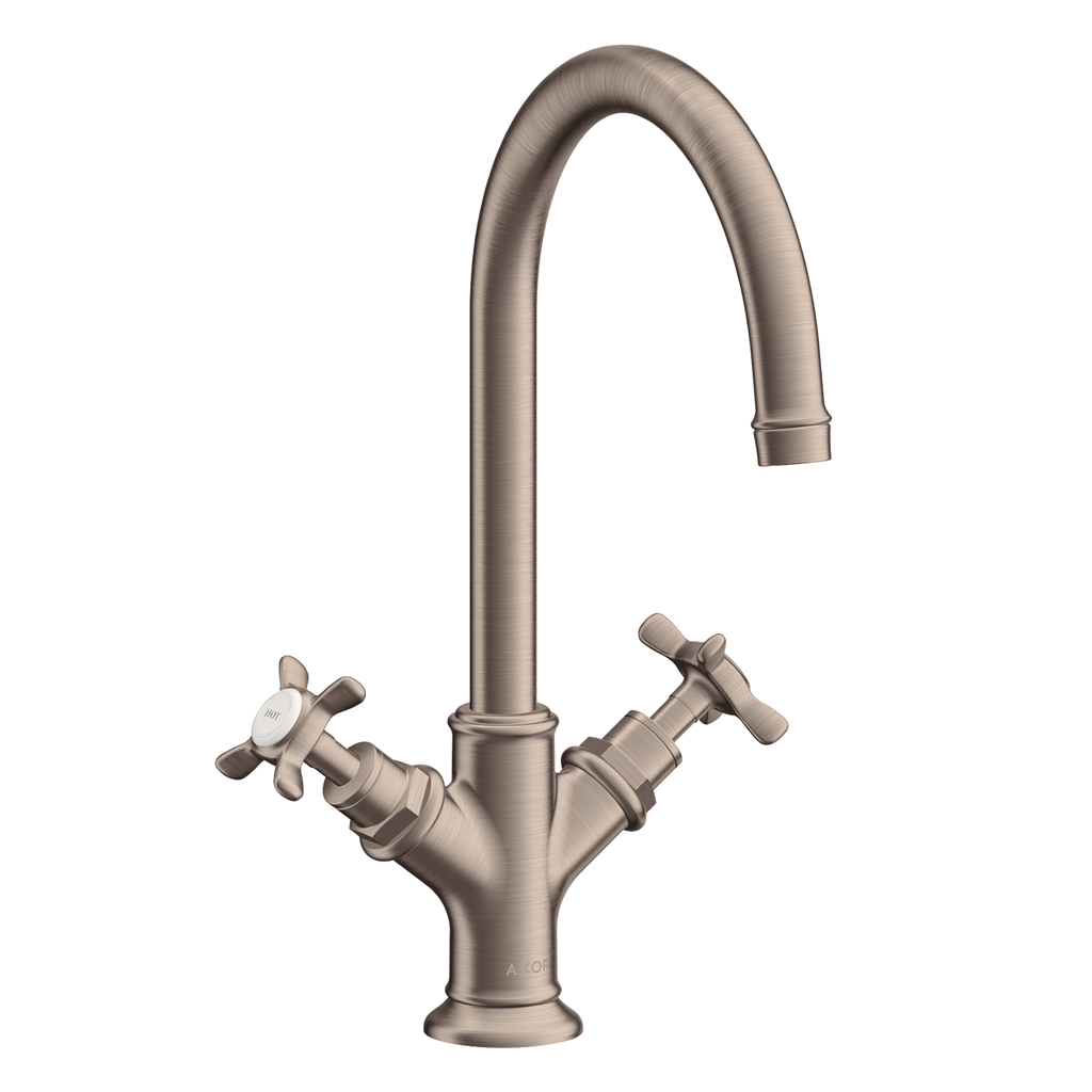 AXOR Montreux 2-Handle Basin Mixer Faucet 210 with Cross Handles, Swivel Spout and Pop-Up Waste Set from Brandt in Brushed Nickel finish