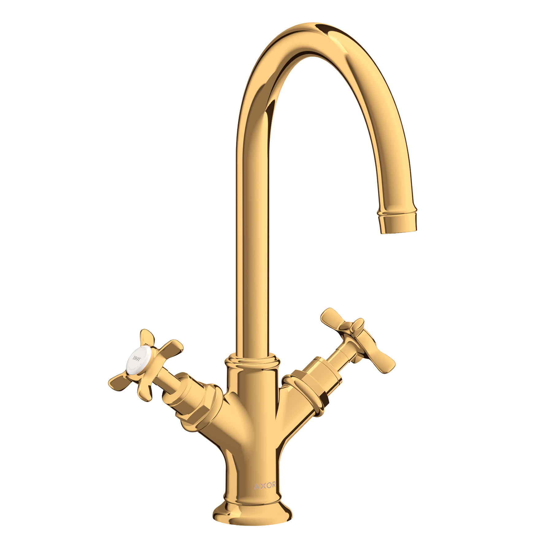 AXOR Montreux 2-Handle Basin Mixer Faucet 210 with Cross Handles, Swivel Spout and Pop-Up Waste Set from Brandt in Polished Gold Optic finish