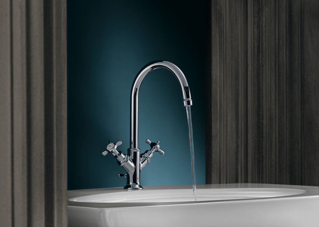 AXOR Montreux 2-Handle Basin Mixer Faucet 160 with Cross Handles, Swivel Spout and Pop-Up Waste Set from Brandt in Chrome finish