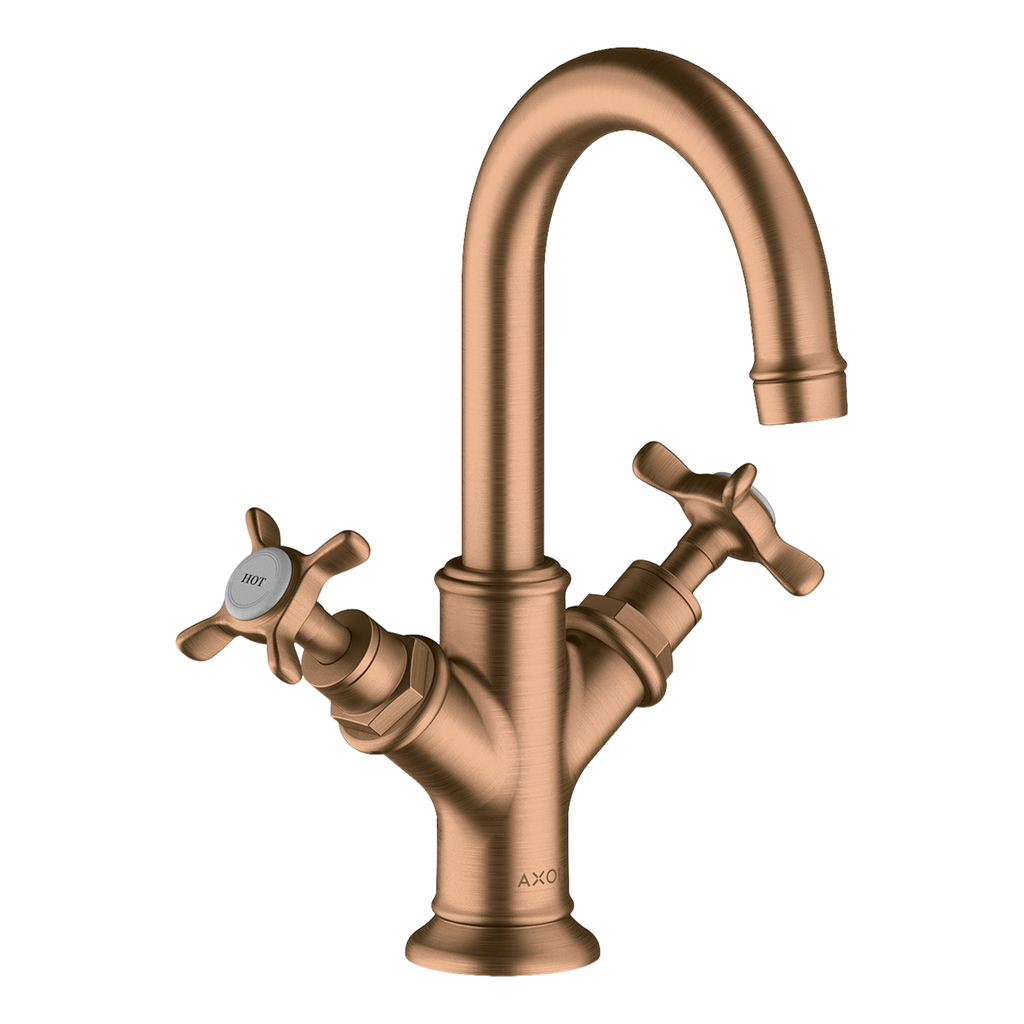 AXOR Montreux 2-Handle Basin Mixer Faucet 160 with Cross Handles, Swivel Spout and Pop-Up Waste Set from Brandt in Brushed Bronze finish