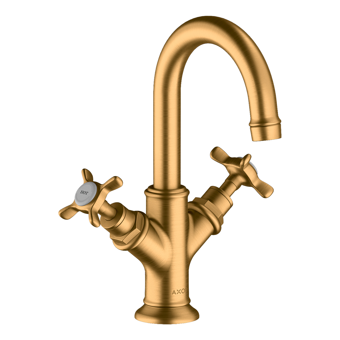 AXOR Montreux 2-Handle Basin Mixer Faucet 160 with Cross Handles, Swivel Spout and Pop-Up Waste Set from Brandt in Brushed Gold Optic finish