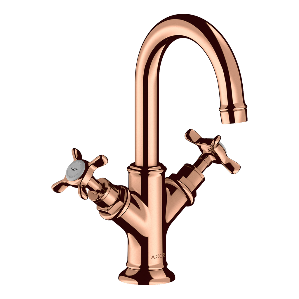 AXOR Montreux 2-Handle Basin Mixer Faucet 160 with Cross Handles, Swivel Spout and Pop-Up Waste Set from Brandt in Polished Red Gold finish