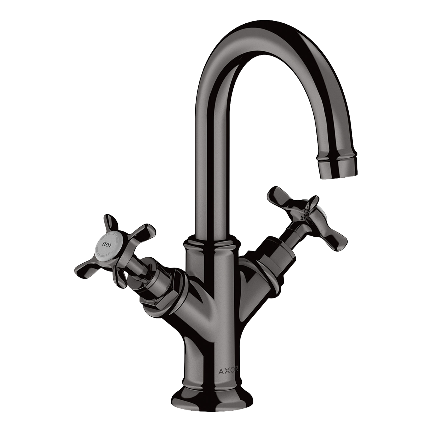 AXOR Montreux 2-Handle Basin Mixer Faucet 160 with Cross Handles, Swivel Spout and Pop-Up Waste Set from Brandt in Polished Black Chrome finish