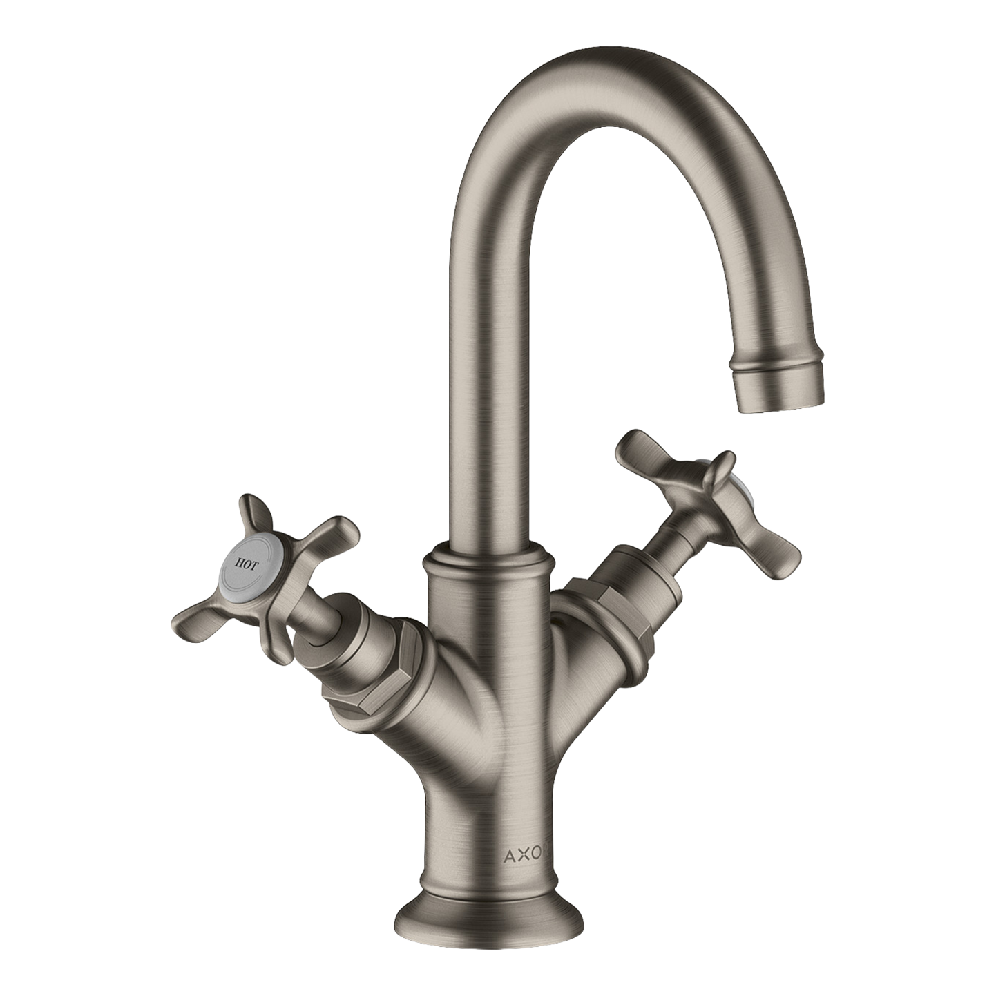 AXOR Montreux 2-Handle Basin Mixer Faucet 160 with Cross Handles, Swivel Spout and Pop-Up Waste Set from Brandt in Stainless Steel Optic finish