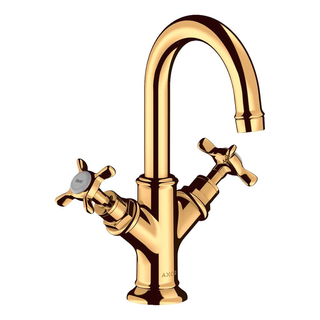 AXOR Montreux 2-Handle Basin Mixer Faucet 160 with Cross Handles, Swivel Spout and Pop-Up Waste Set from Brandt in Polished Gold Optic finish