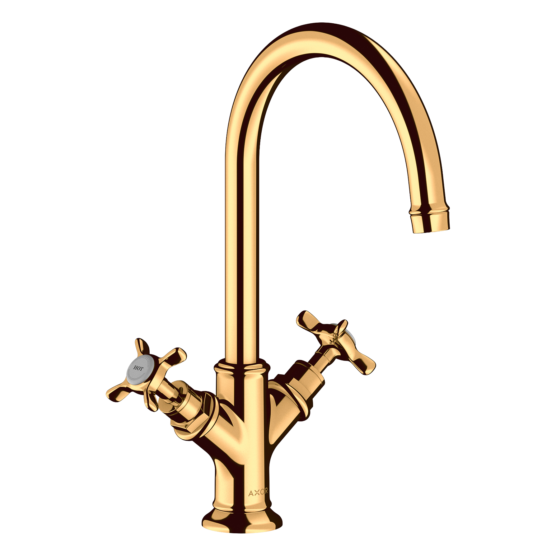 AXOR Montreux 2-Handle Basin Mixer Faucet 210 with Cross Handles, Swivel Spout and Open Waste Set from Brandt in Polished Gold Optic finish