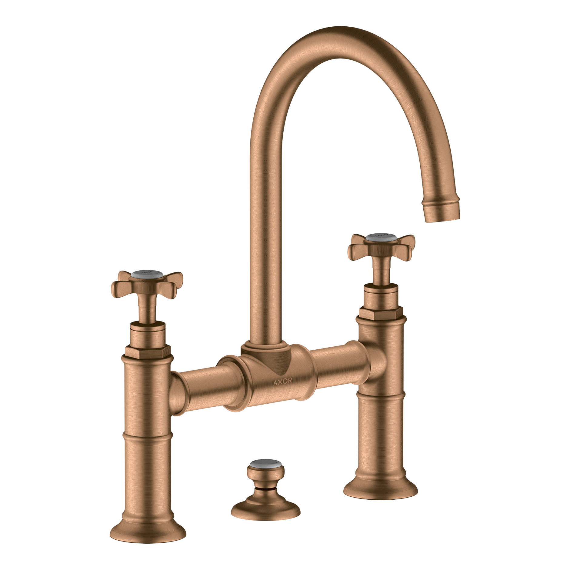 AXOR Montreux 2-Handle Basin Mixer Faucet 220 with Cross Handles, Swivel Spout and Pop-Up Waste Set from Brandt in Brushed Bronze finish