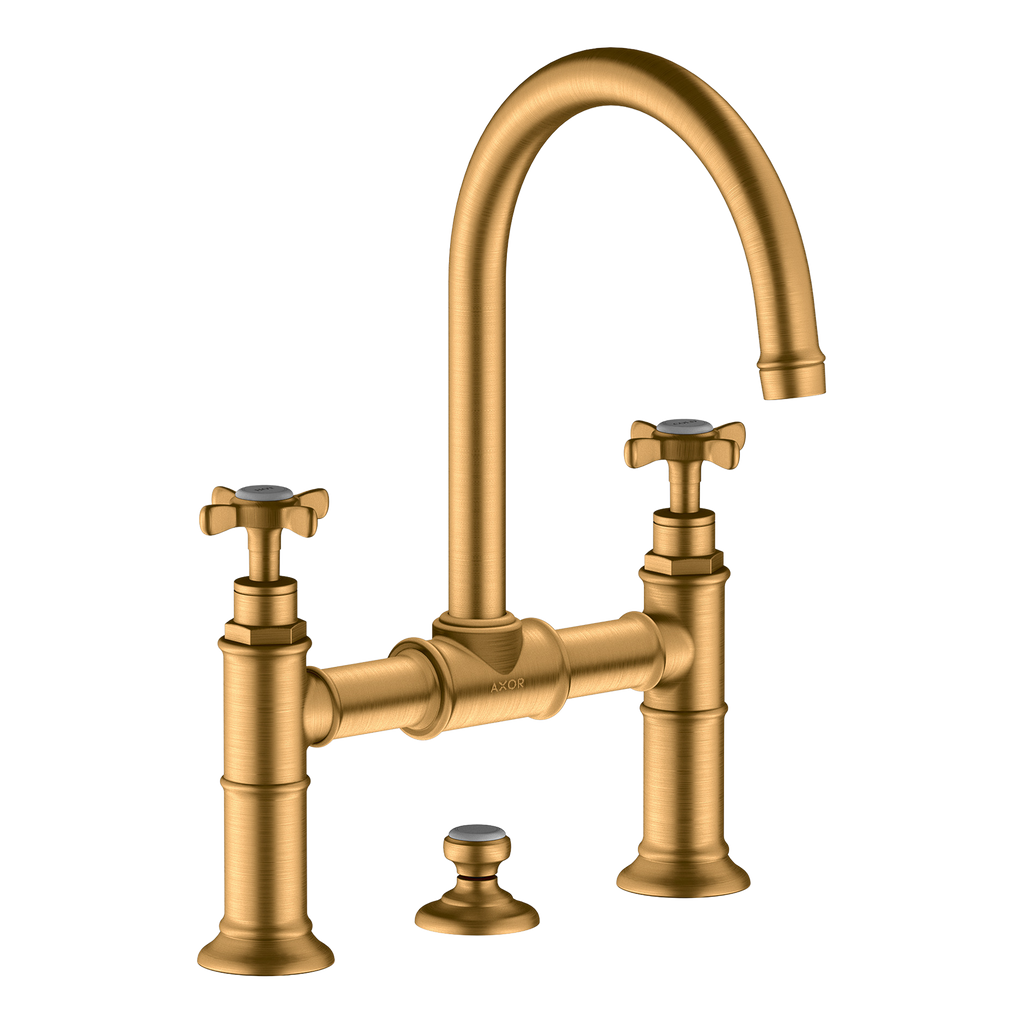 AXOR Montreux 2-Handle Basin Mixer Faucet 220 with Cross Handles, Swivel Spout and Pop-Up Waste Set from Brandt in Brushed Gold Optic finish
