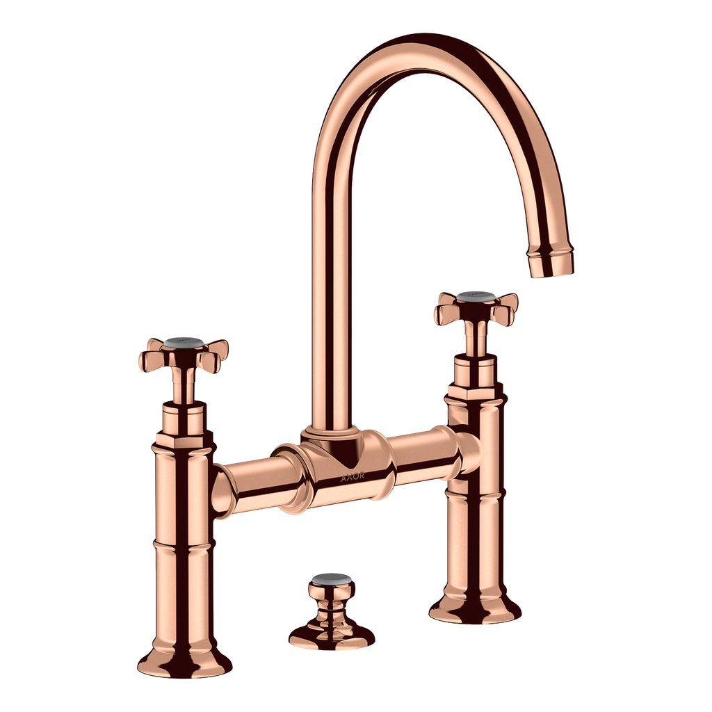 AXOR Montreux 2-Handle Basin Mixer Faucet 220 with Cross Handles, Swivel Spout and Pop-Up Waste Set from Brandt in Polished Red Gold finish