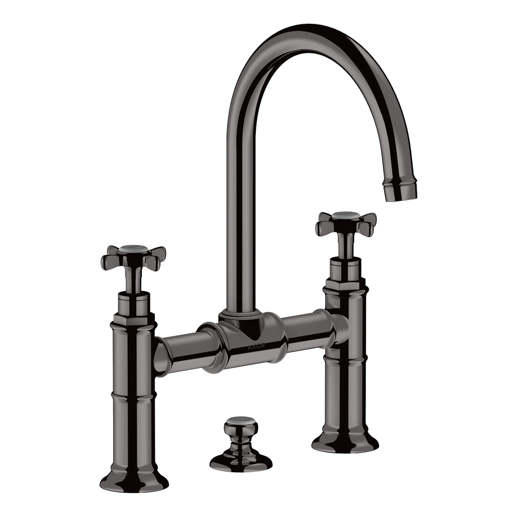 AXOR Montreux 2-Handle Basin Mixer Faucet 220 with Cross Handles, Swivel Spout and Pop-Up Waste Set from Brandt in Polished Black Chrome finish