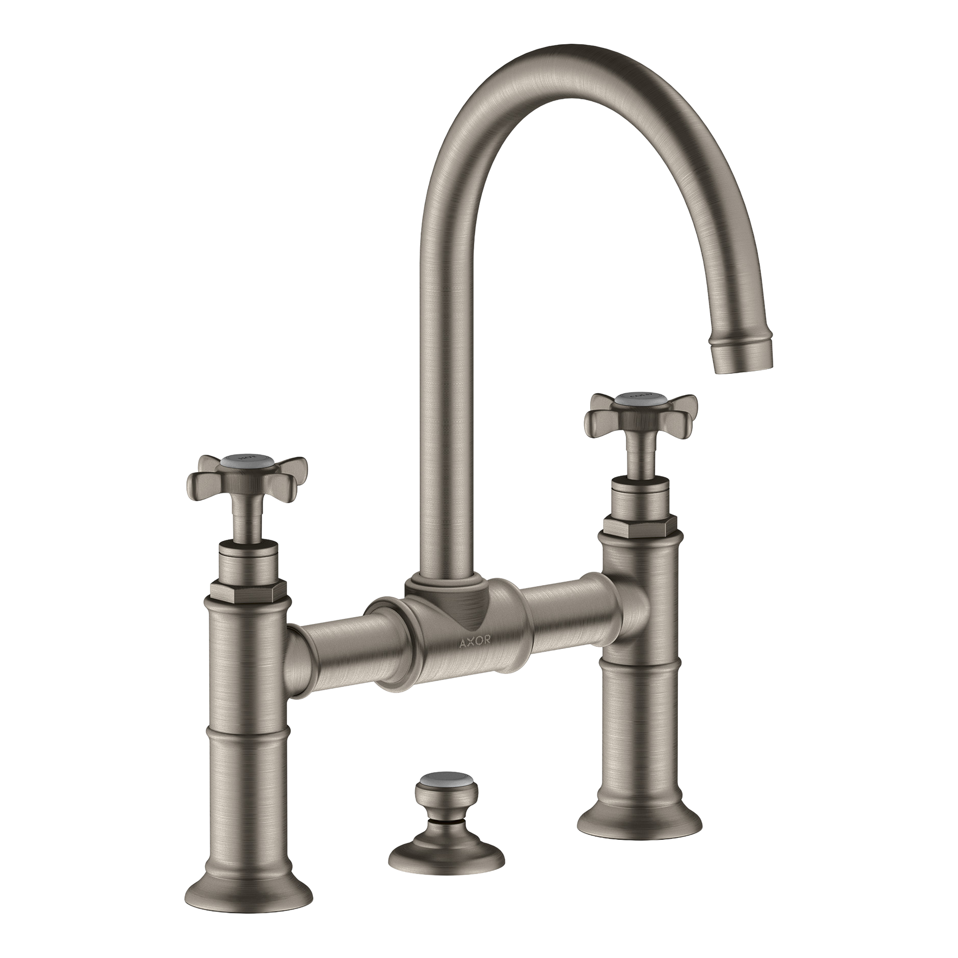 AXOR Montreux 2-Handle Basin Mixer Faucet 220 with Cross Handles, Swivel Spout and Pop-Up Waste Set from Brandt in Stainless Steel Optic finish