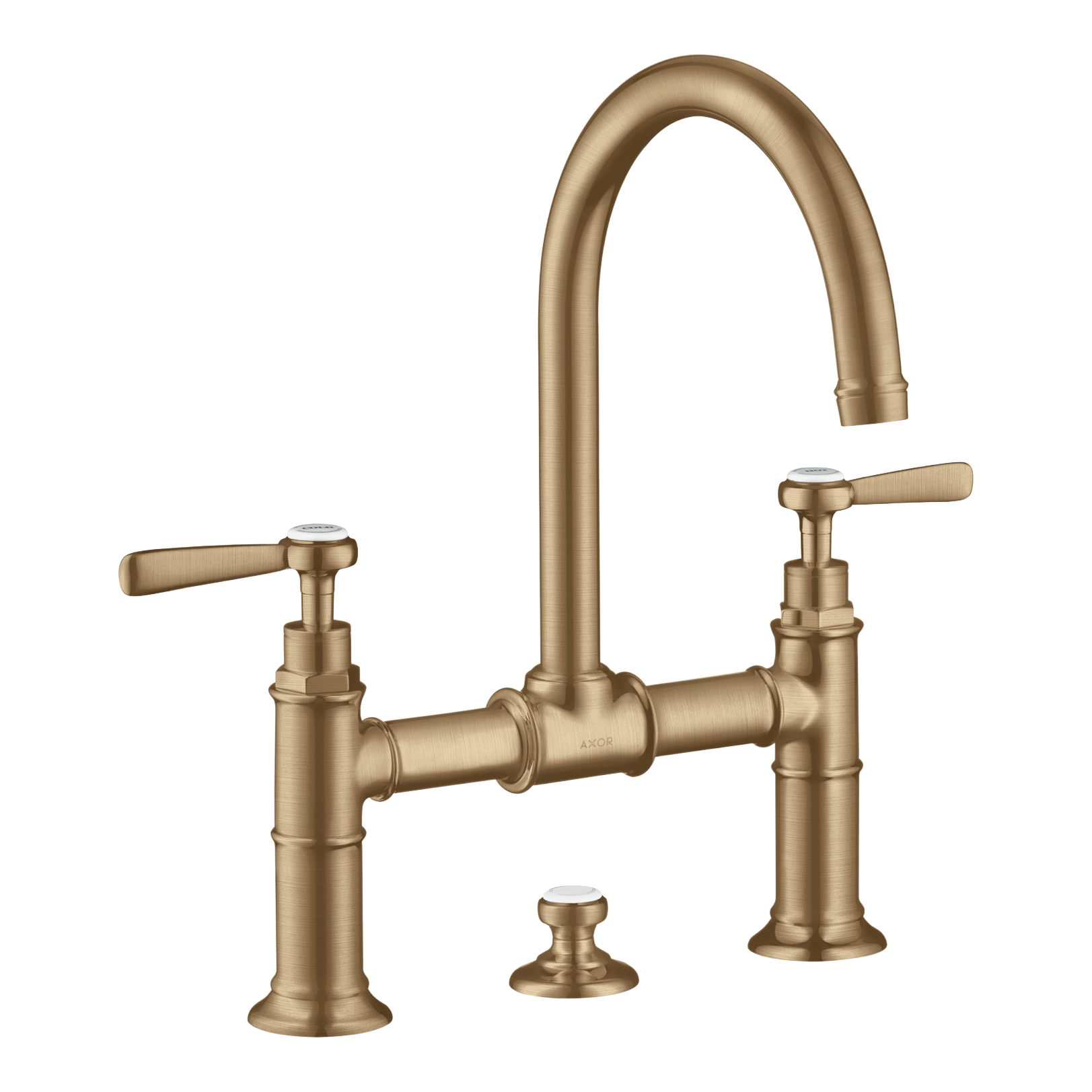 AXOR Montreux 2-Handle Basin Mixer Faucet 220 with Lever Handles, Swivel Spout and Pop-Up Waste Set from Brandt in Brushed Bronze finish
