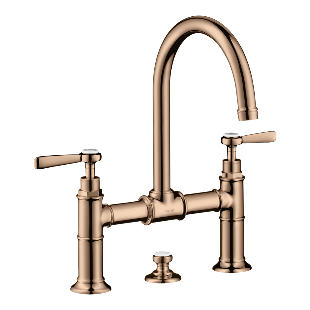 AXOR Montreux 2-Handle Basin Mixer Faucet 220 with Lever Handles, Swivel Spout and Pop-Up Waste Set from Brandt in Polished Red Gold finish