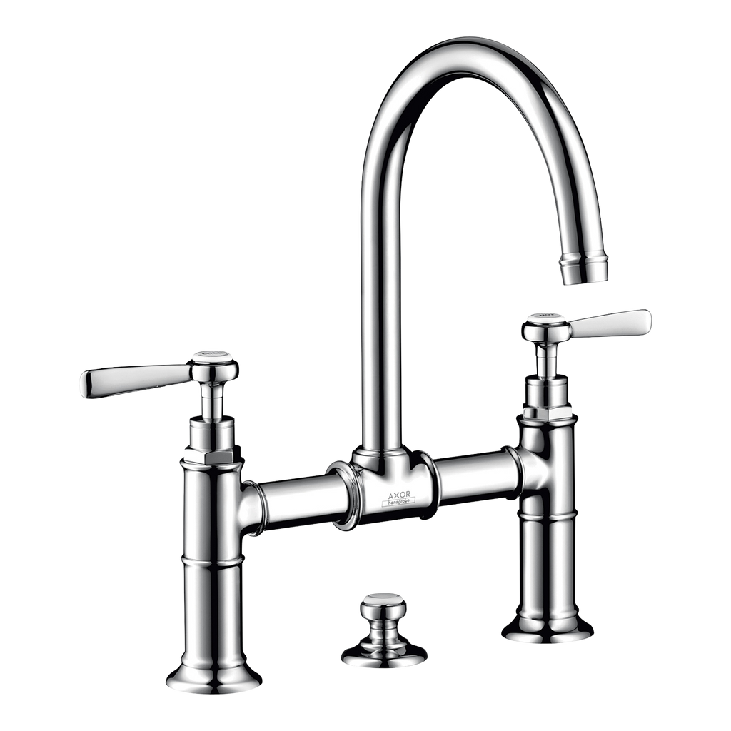 AXOR Montreux 2-Handle Basin Mixer Faucet 220 with Lever Handles, Swivel Spout and Pop-Up Waste Set from Brandt in Stainless Steel Optic finish