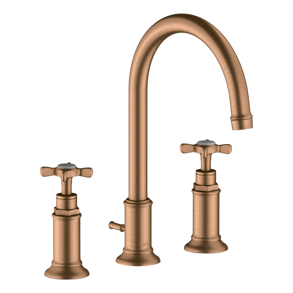 AXOR Montreux 3-Hole Basin Mixer Faucet 180 with Cross Handles, Swivel Spout and Pop-Up Waste Set from Brandt in Brushed Bronze finish