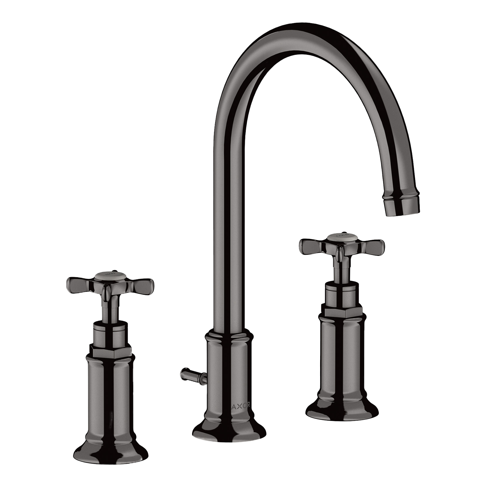 AXOR Montreux 3-Hole Basin Mixer Faucet 180 with Cross Handles, Swivel Spout and Pop-Up Waste Set from Brandt in Polished Black Chrome finish
