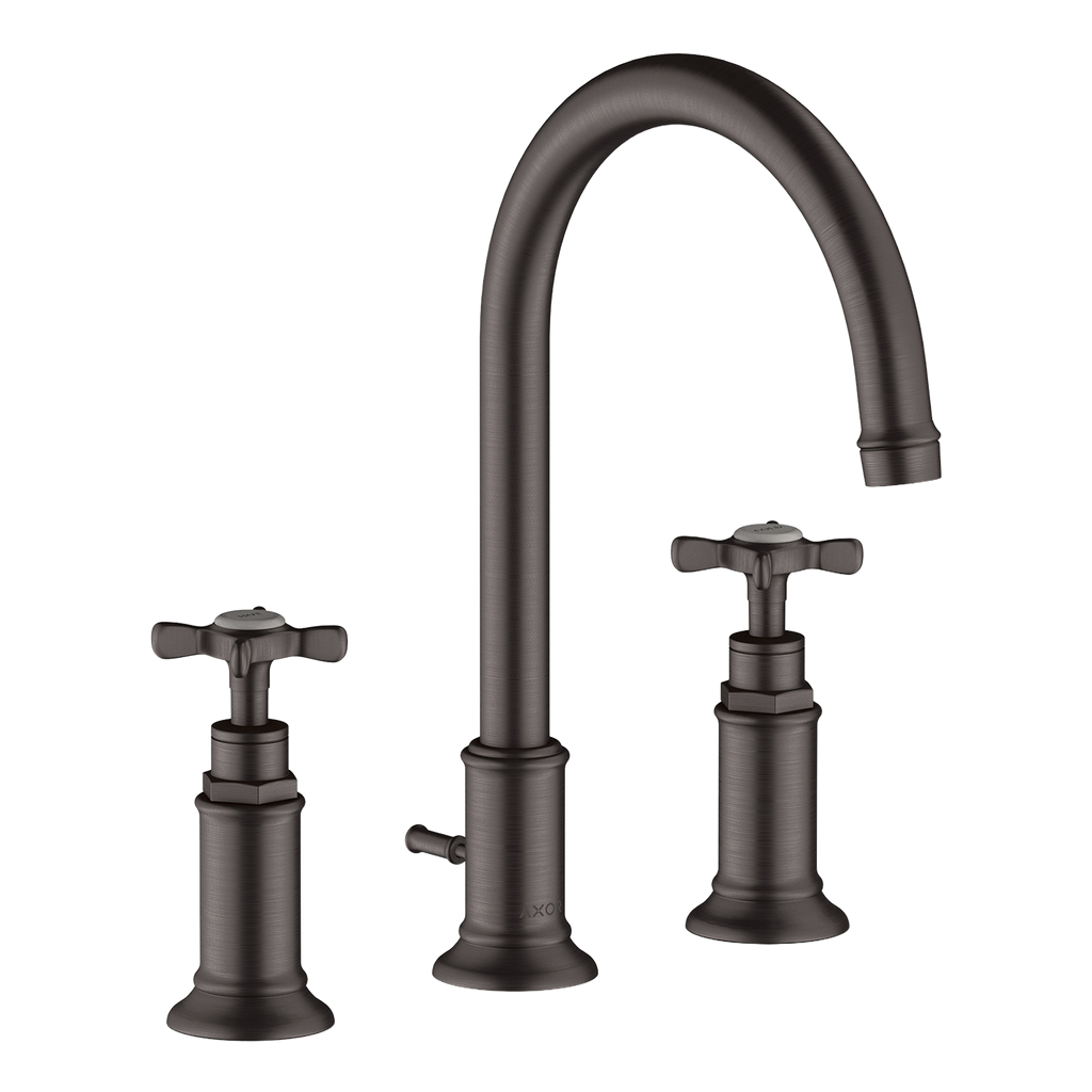 AXOR Montreux 3-Hole Basin Mixer Faucet 180 with Cross Handles, Swivel Spout and Pop-Up Waste Set from Brandt in Brushed Black Chrome finish