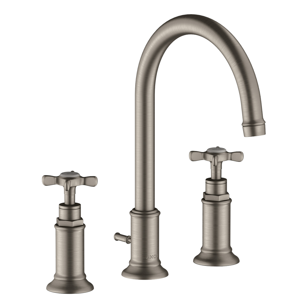 AXOR Montreux 3-Hole Basin Mixer Faucet 180 with Cross Handles, Swivel Spout and Pop-Up Waste Set from Brandt in Stainless Steel Optic finish
