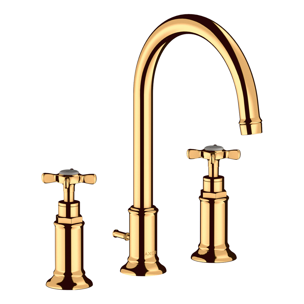 AXOR Montreux 3-Hole Basin Mixer Faucet 180 with Cross Handles, Swivel Spout and Pop-Up Waste Set from Brandt in Polished Gold Optic finish