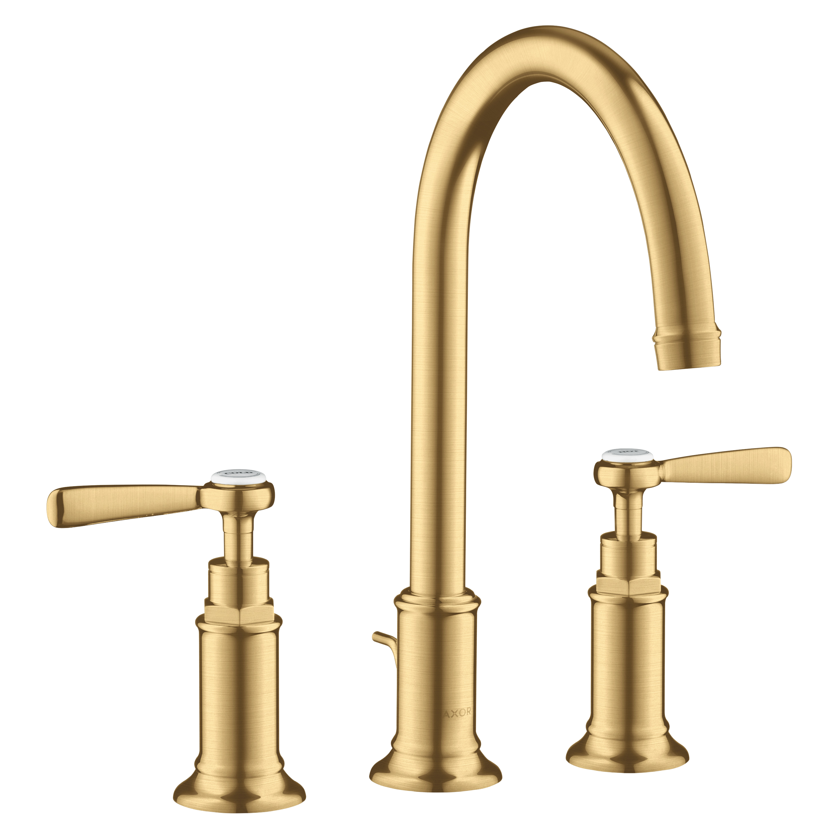 AXOR Montreux 3-Hole Basin Mixer Faucet 180 with Lever Handles, Swivel Spout and Pop-Up Waste Set from Brandt in Brushed Gold Optic finish