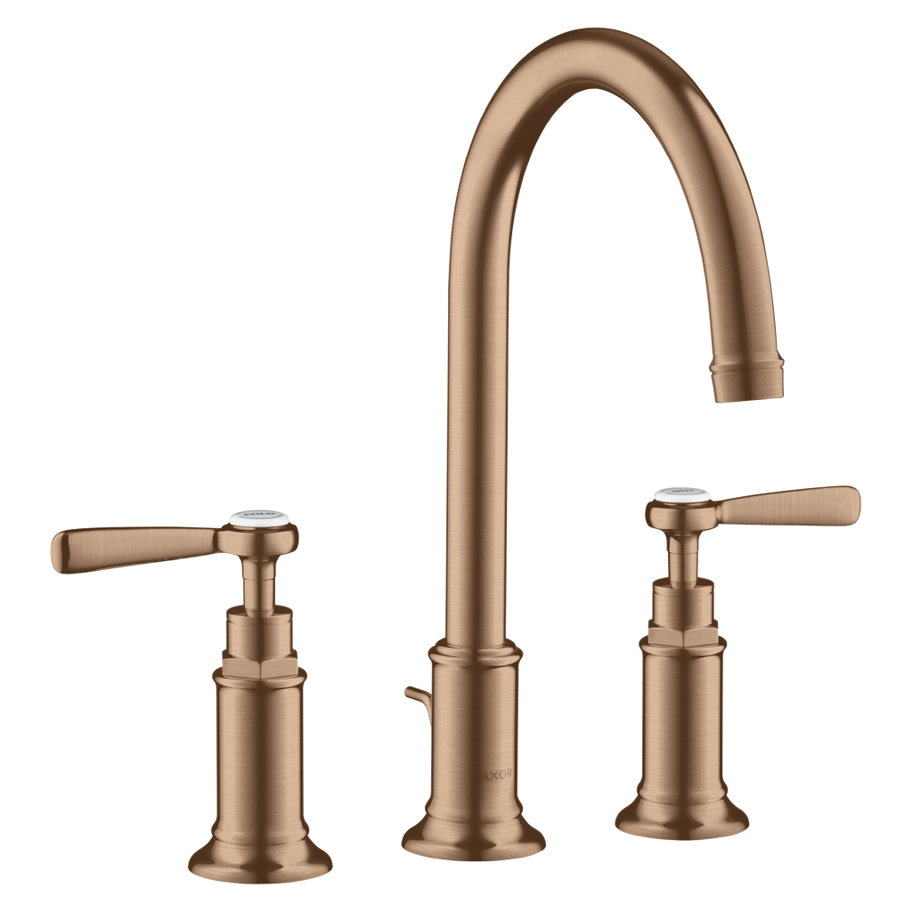AXOR Montreux 3-Hole Basin Mixer Faucet 180 with Lever Handles, Swivel Spout and Pop-Up Waste Set from Brandt in Brushed Red Gold finish