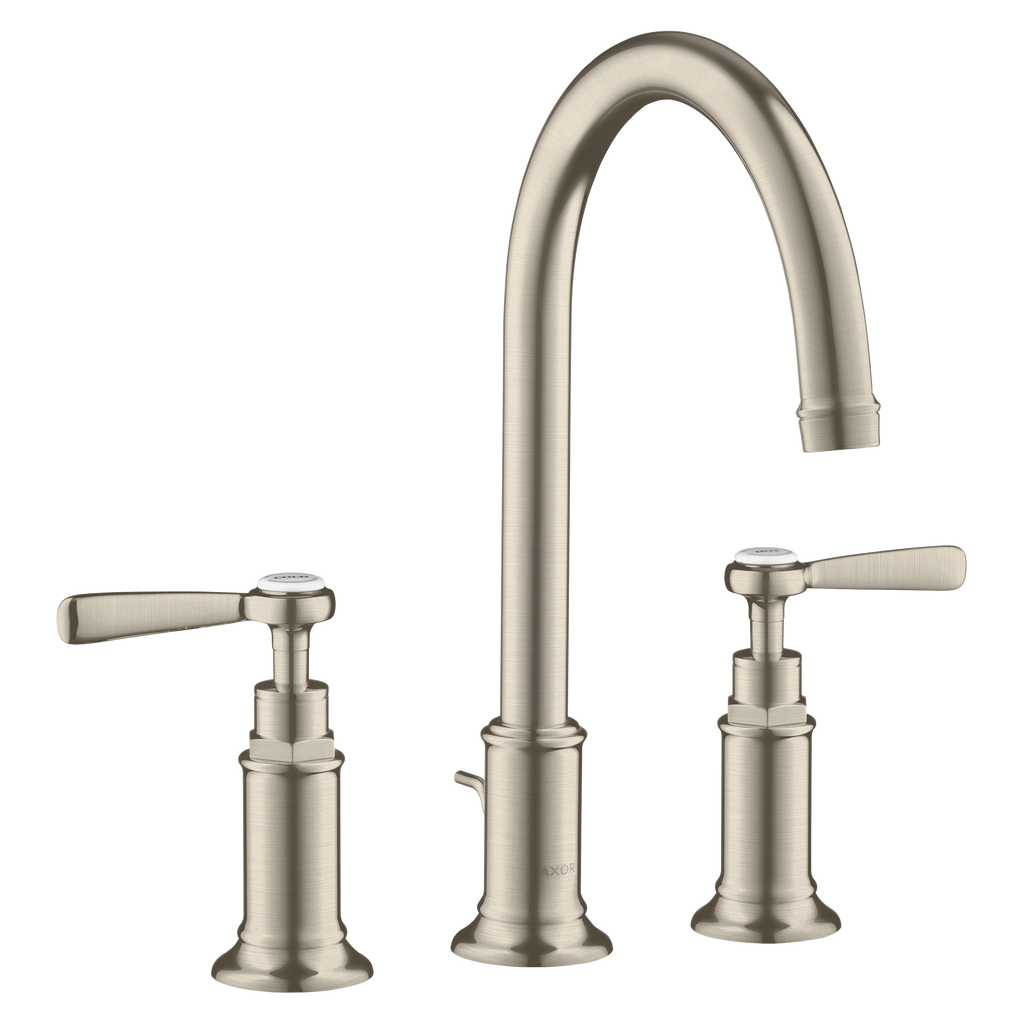 AXOR Montreux 3-Hole Basin Mixer Faucet 180 with Lever Handles, Swivel Spout and Pop-Up Waste Set from Brandt in Brushed Nickel finish
