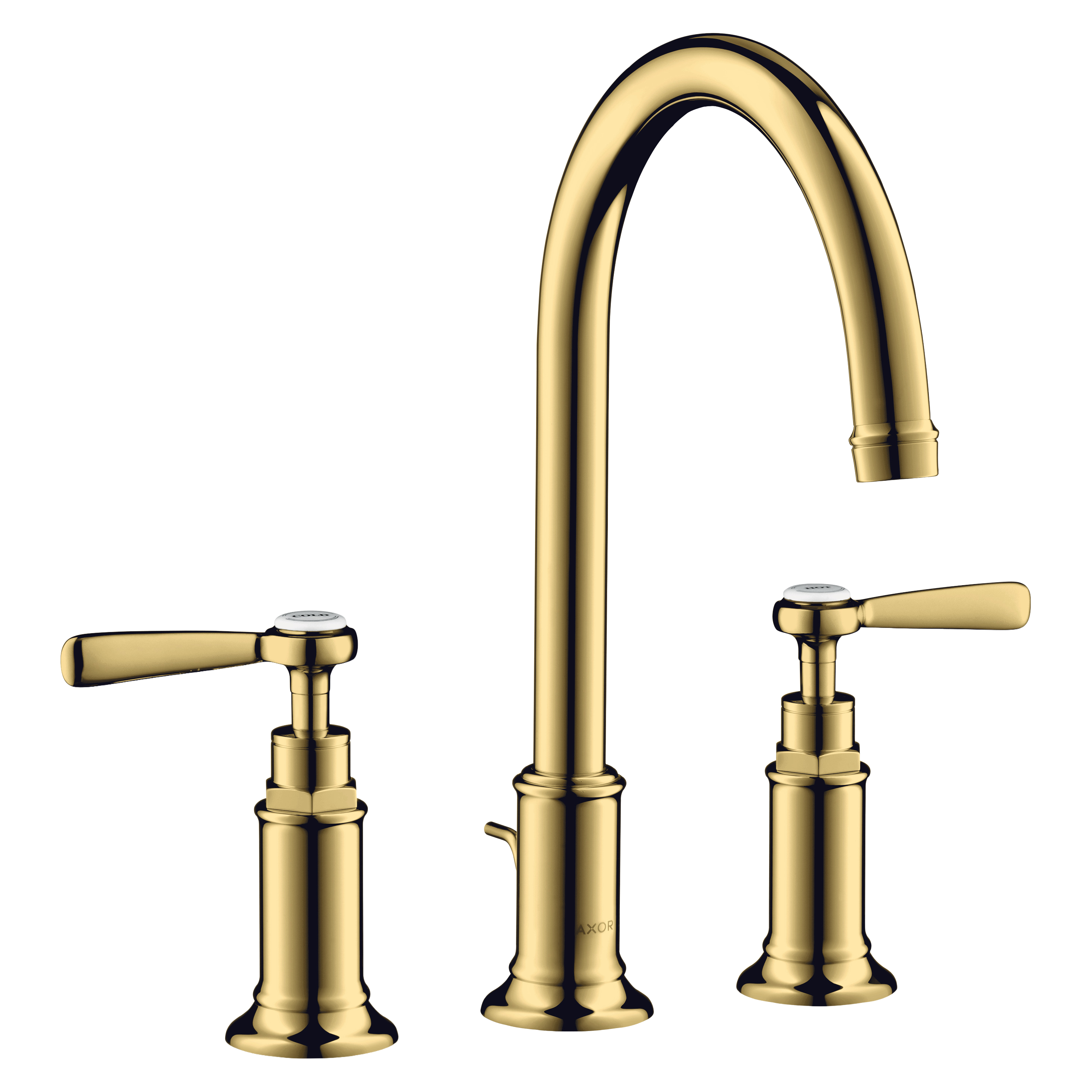 AXOR Montreux 3-Hole Basin Mixer Faucet 180 with Lever Handles, Swivel Spout and Pop-Up Waste Set from Brandt in Polished Gold Optic finish