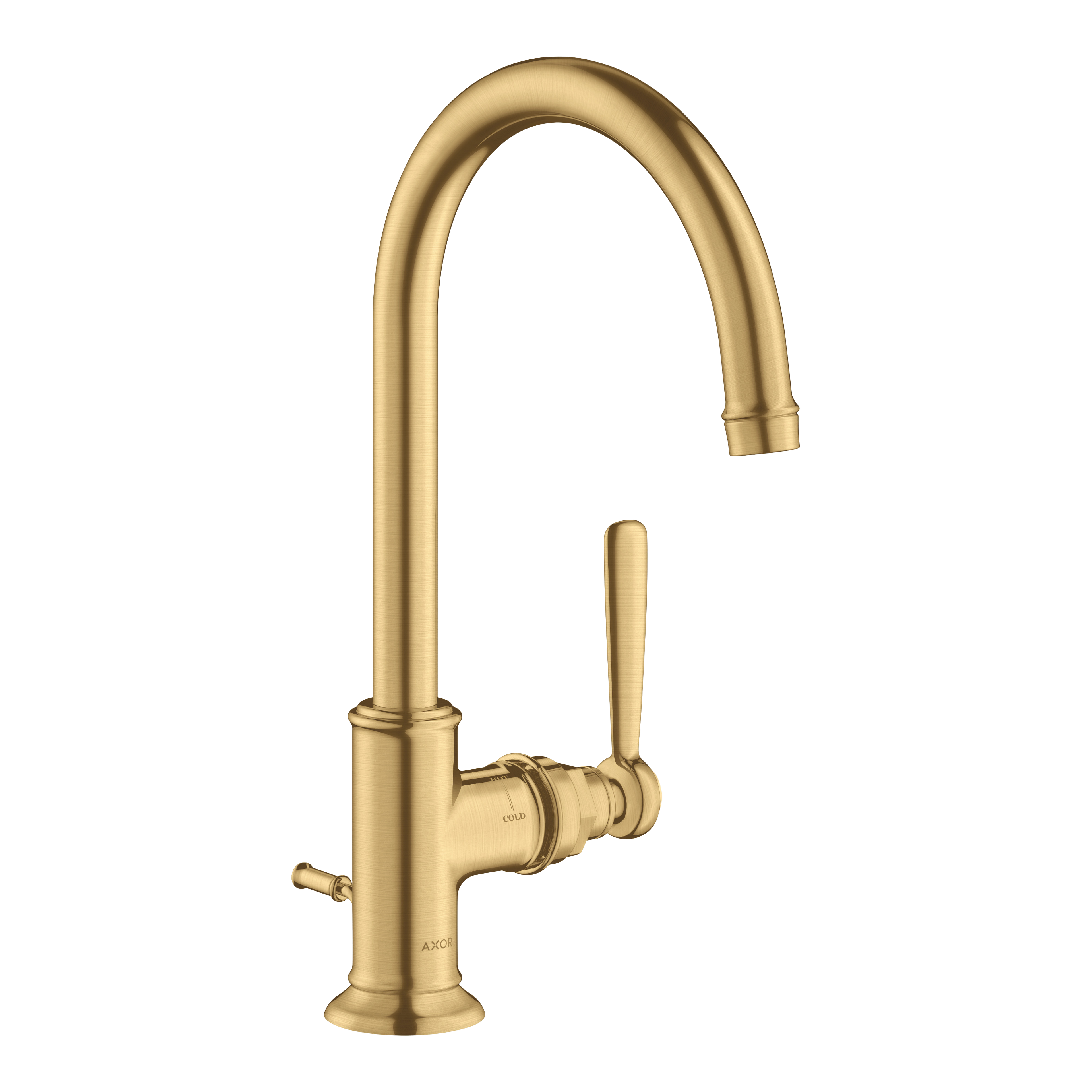 AXOR Montreux Single Lever Handle Basin Mixer Faucet 210 with Swivel Spout and Pop-Up Waste Set from Brandt in Brushed Gold Optic finish