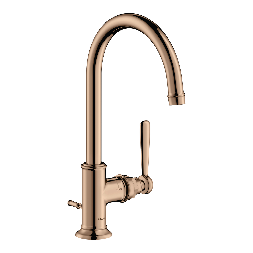 AXOR Montreux Single Lever Handle Basin Mixer Faucet 210 with Swivel Spout and Pop-Up Waste Set from Brandt in Polished Red Gold finish