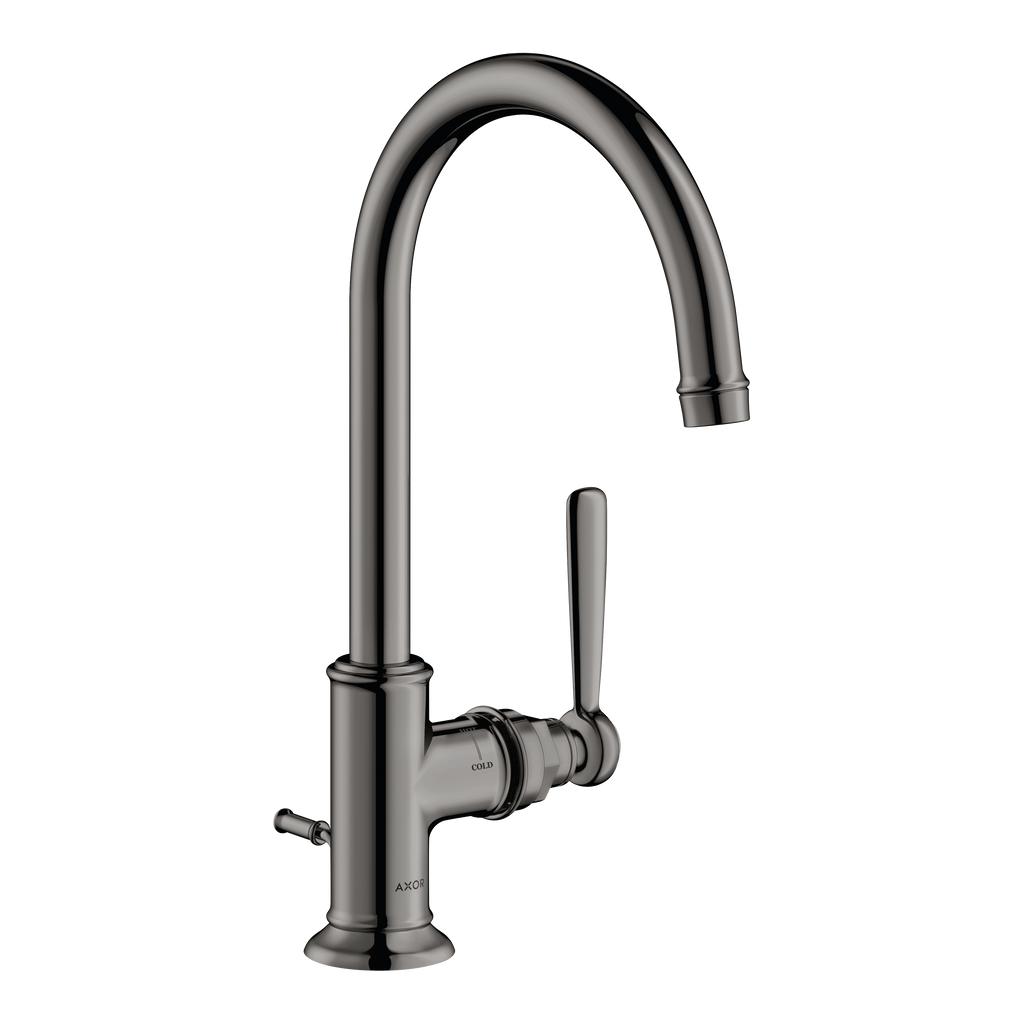 AXOR Montreux Single Lever Handle Basin Mixer Faucet 210 with Swivel Spout and Pop-Up Waste Set from Brandt in Polished Black Chrome finish