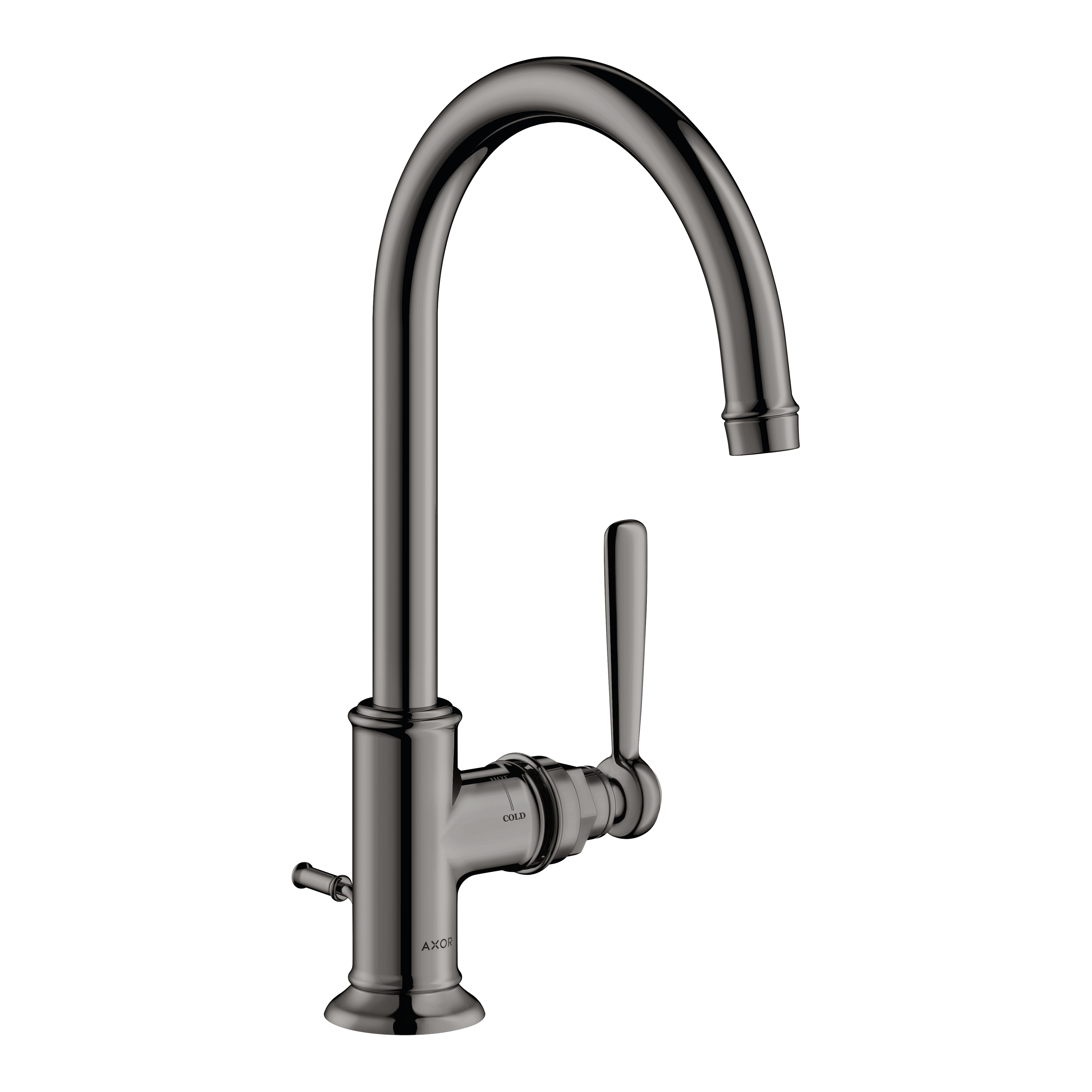 AXOR Montreux Single Lever Handle Basin Mixer Faucet 210 with Swivel Spout and Pop-Up Waste Set from Brandt in Polished Black Chrome finish