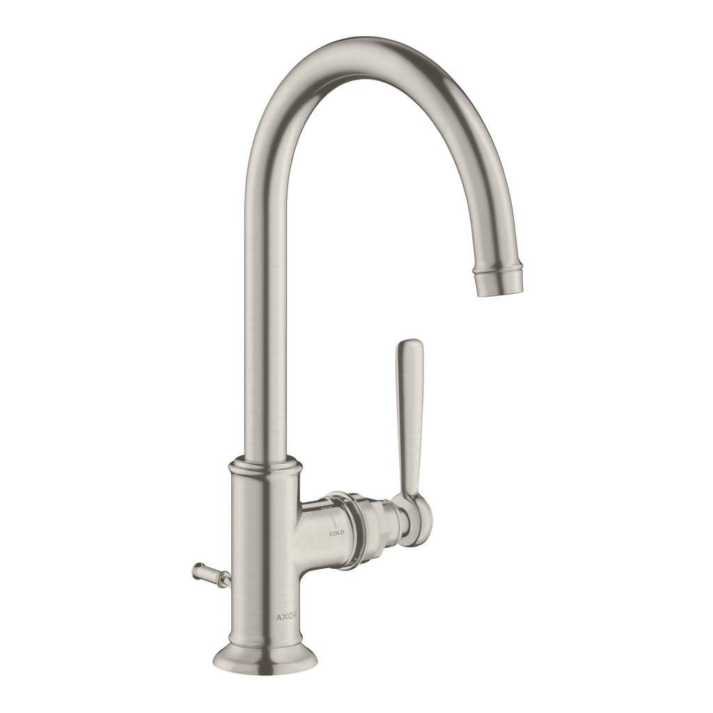 AXOR Montreux Single Lever Handle Basin Mixer Faucet 210 with Swivel Spout and Pop-Up Waste Set from Brandt in Stainless Steel Optic finish