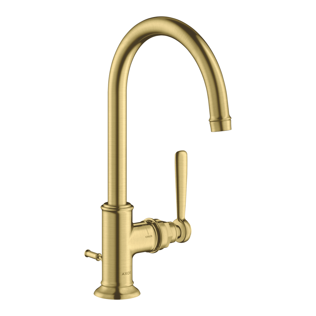 AXOR Montreux Single Lever Handle Basin Mixer Faucet 210 with Swivel Spout and Pop-Up Waste Set from Brandt in Brushed Brass finish