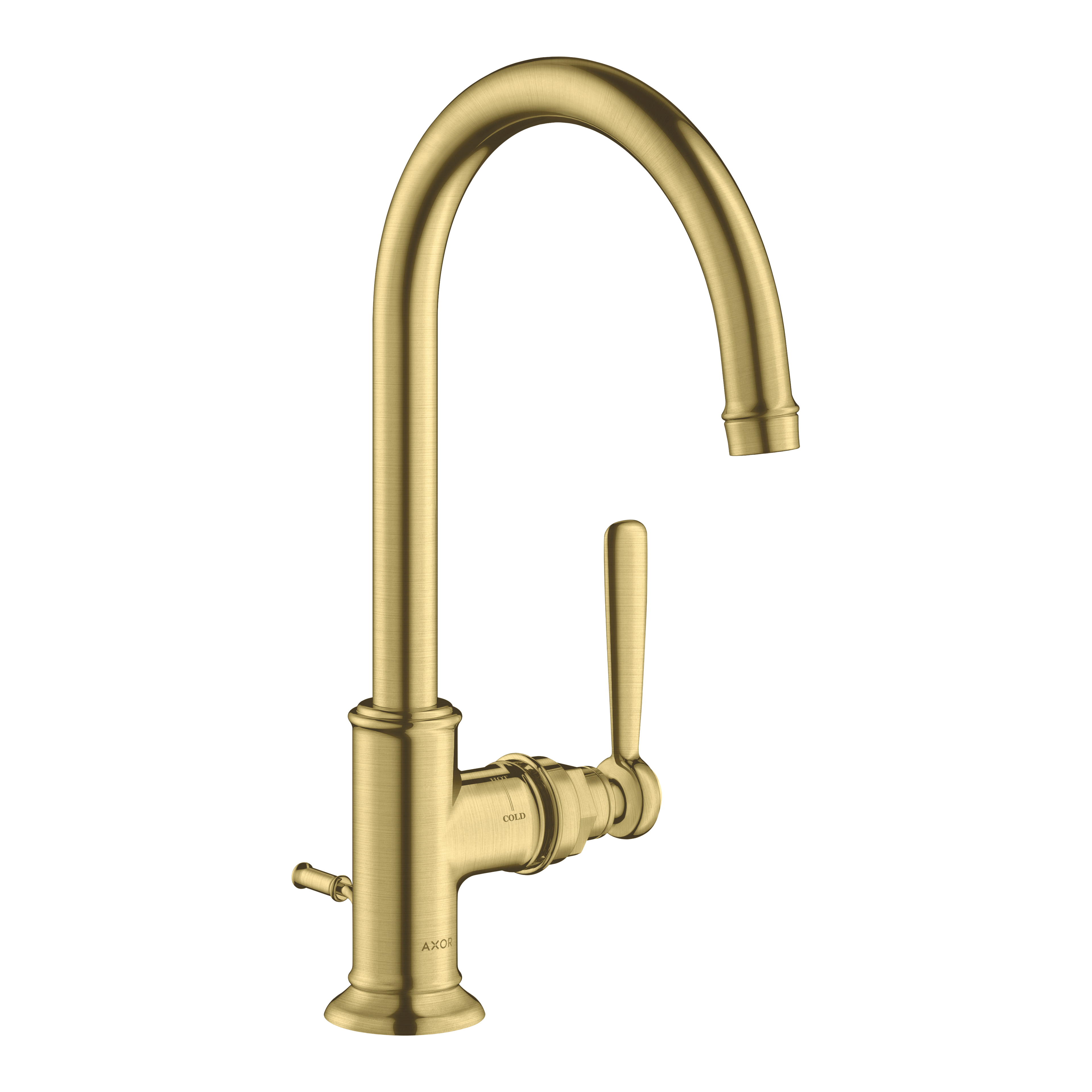 AXOR Montreux Single Lever Handle Basin Mixer Faucet 210 with Swivel Spout and Pop-Up Waste Set from Brandt in Brushed Brass finish