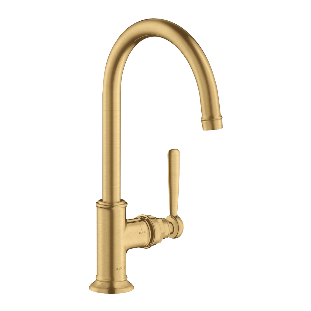 AXOR Montreux Single Lever Handle Basin Mixer Faucet 210 with Swivel Spout and Open Waste Set from Brandt in Brushed Gold Optic finish