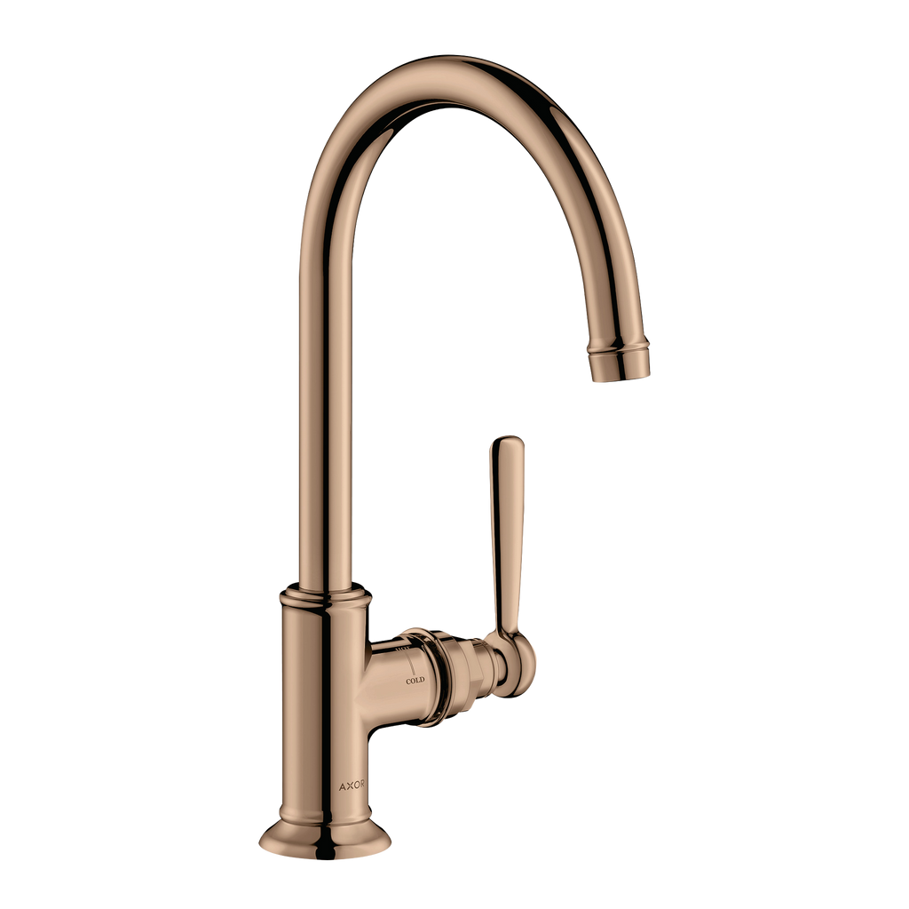 AXOR Montreux Single Lever Handle Basin Mixer Faucet 210 with Swivel Spout and Open Waste Set from Brandt in Polished Red Gold finish
