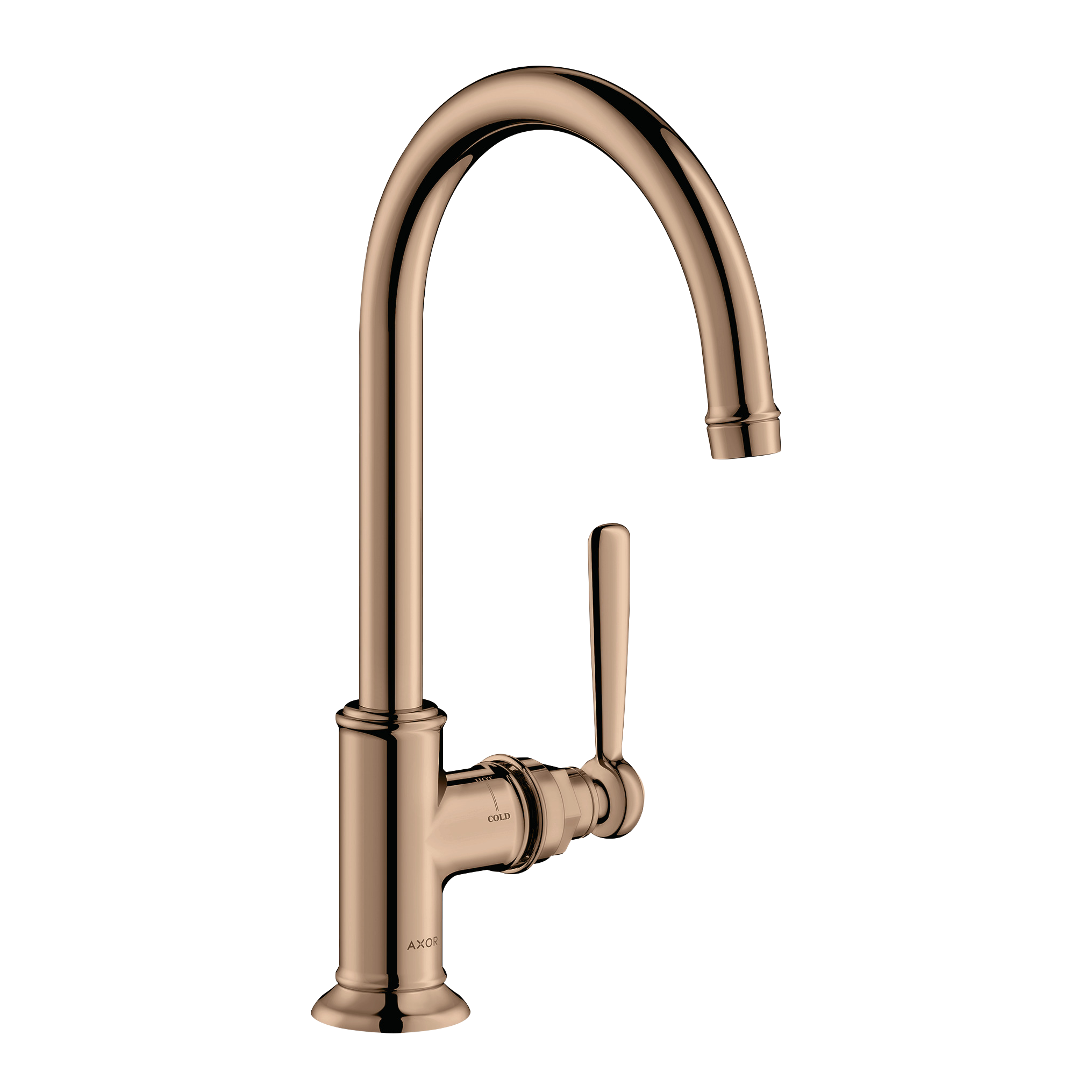 AXOR Montreux Single Lever Handle Basin Mixer Faucet 210 with Swivel Spout and Open Waste Set from Brandt in Polished Red Gold finish