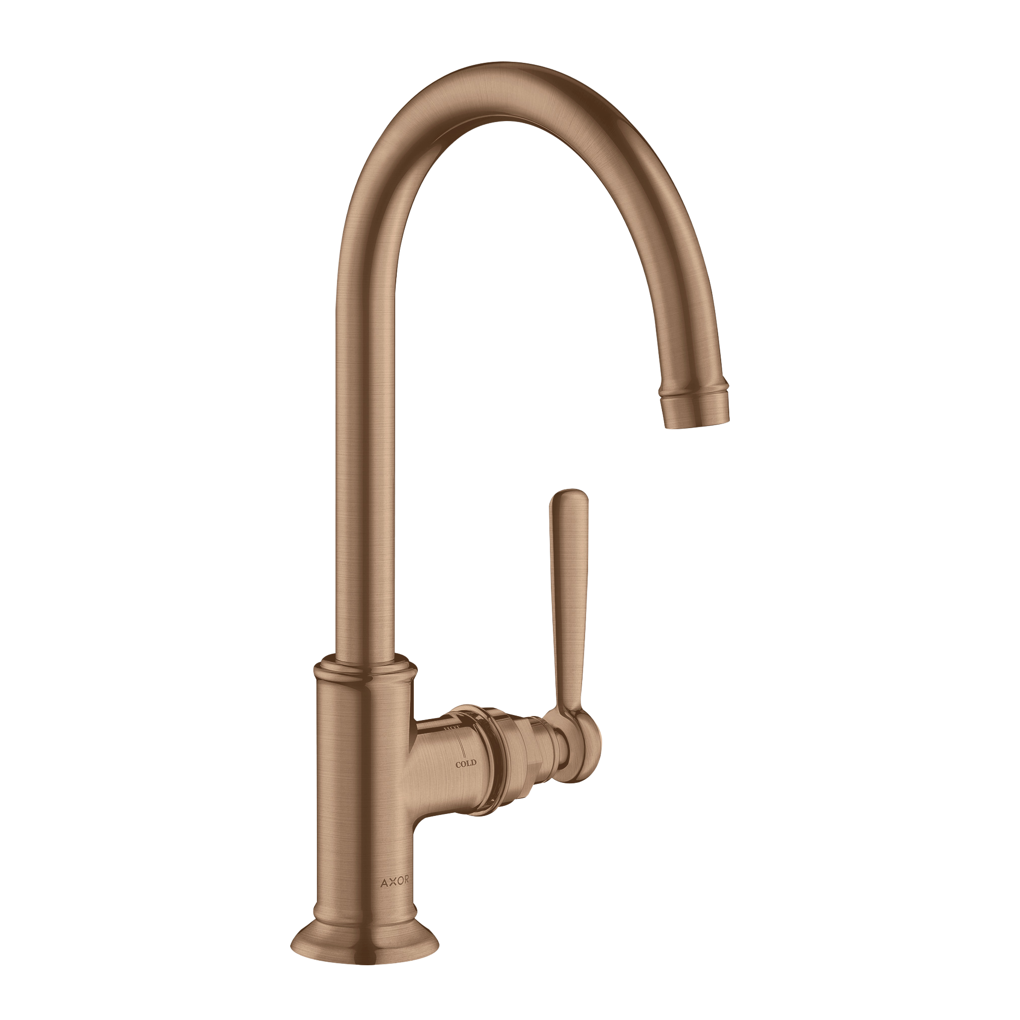 AXOR Montreux Single Lever Handle Basin Mixer Faucet 210 with Swivel Spout and Open Waste Set from Brandt in Brushed Red Gold finish