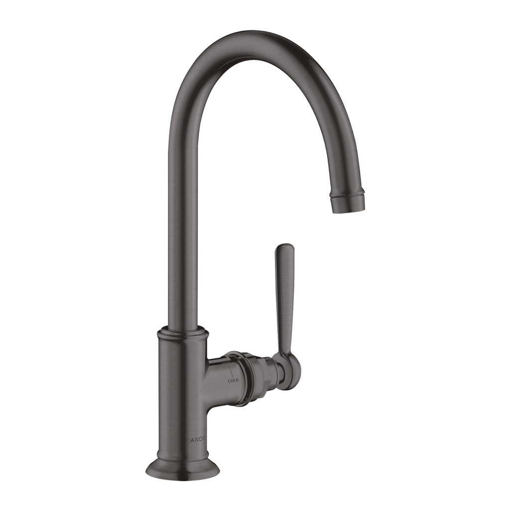 AXOR Montreux Single Lever Handle Basin Mixer Faucet 210 with Swivel Spout and Open Waste Set from Brandt in Brushed Black Chrome finish