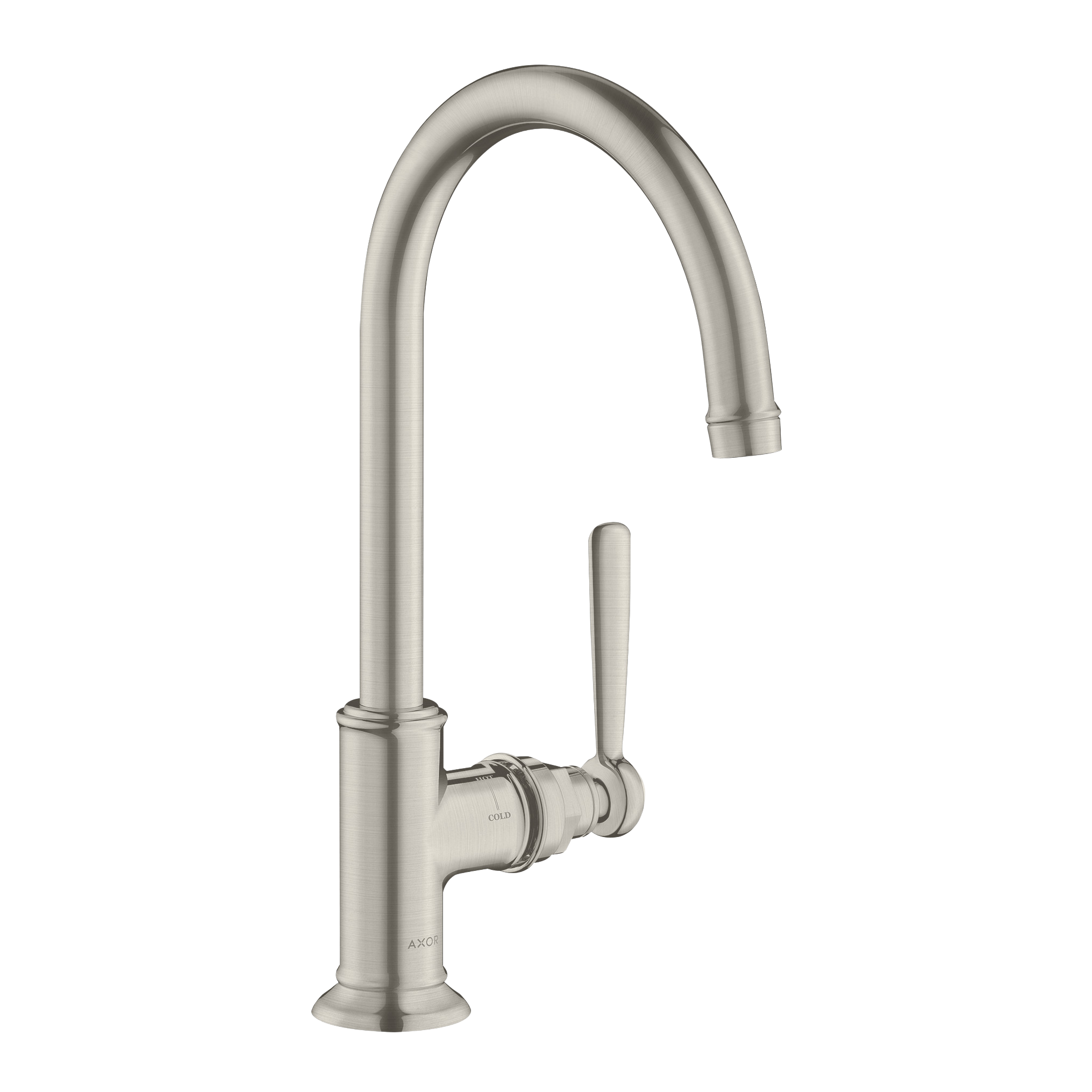 AXOR Montreux Single Lever Handle Basin Mixer Faucet 210 with Swivel Spout and Open Waste Set from Brandt in Stainless Steel Optic finish