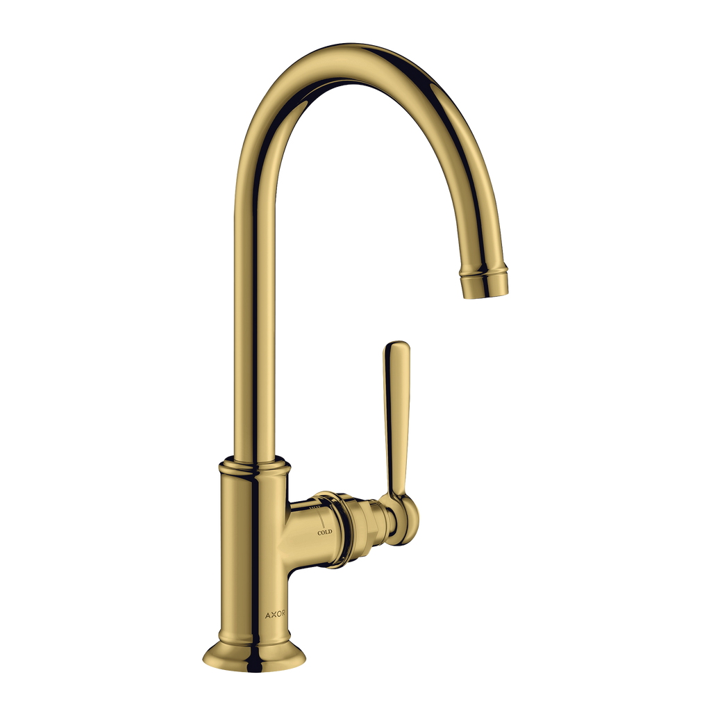 AXOR Montreux Single Lever Handle Basin Mixer Faucet 210 with Swivel Spout and Open Waste Set from Brandt in Polished Gold Optic finish