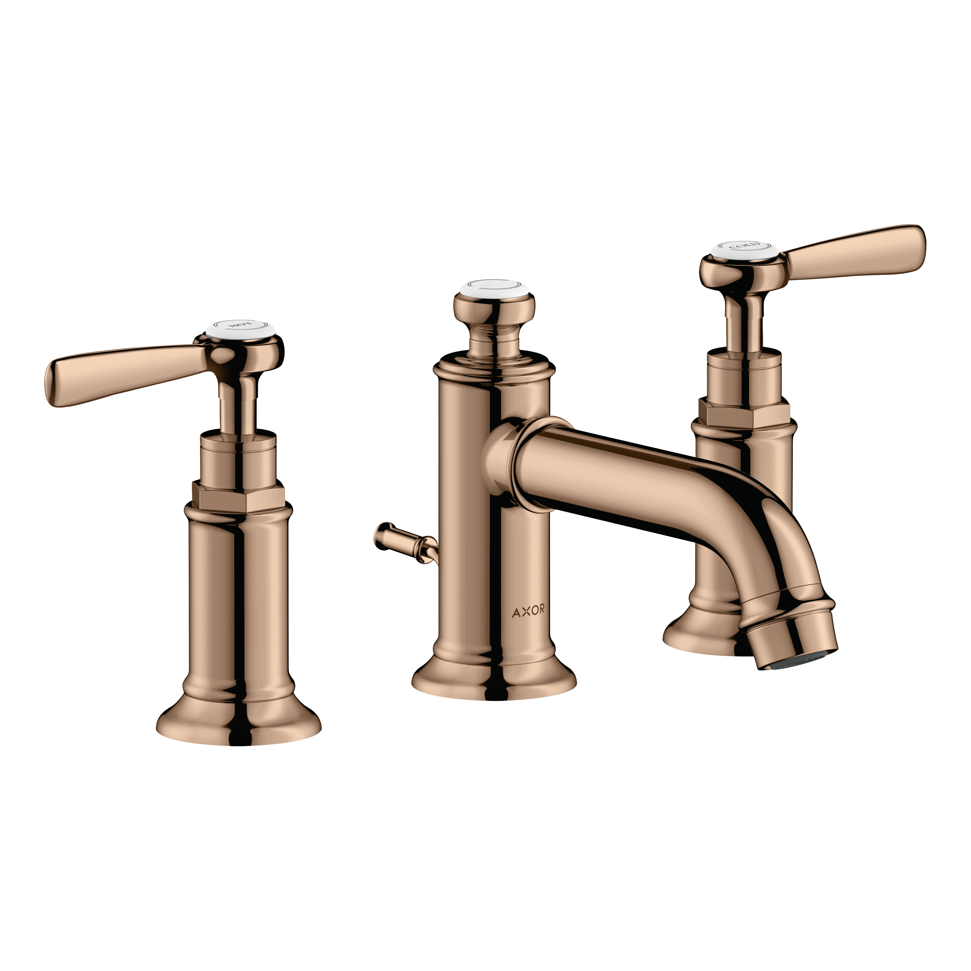 AXOR Montreux 3-Hole Basin Mixer Faucet 30 with Lever Handles and Pop-Up Waste Set from Brandt in Polished Red Gold finish