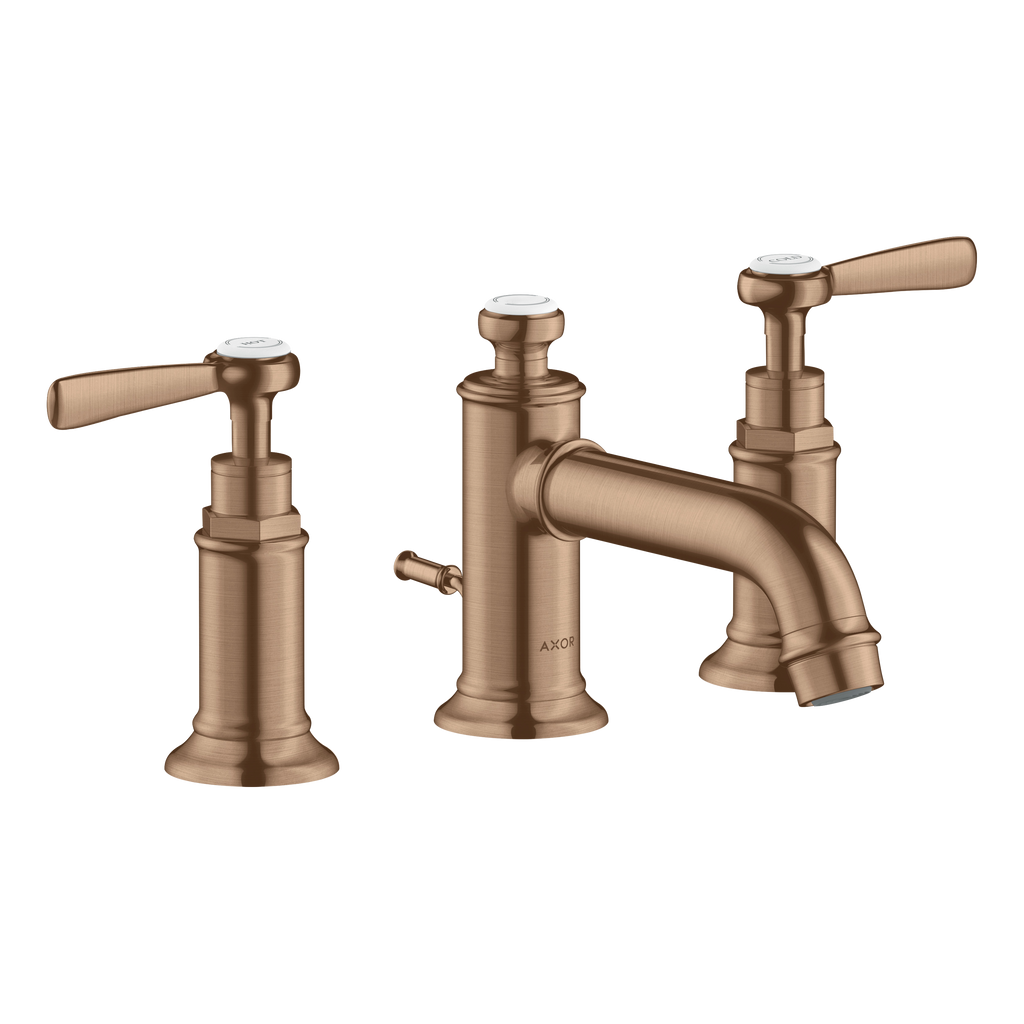 AXOR Montreux 3-Hole Basin Mixer Faucet 30 with Lever Handles and Pop-Up Waste Set from Brandt in Brushed Red Gold finish