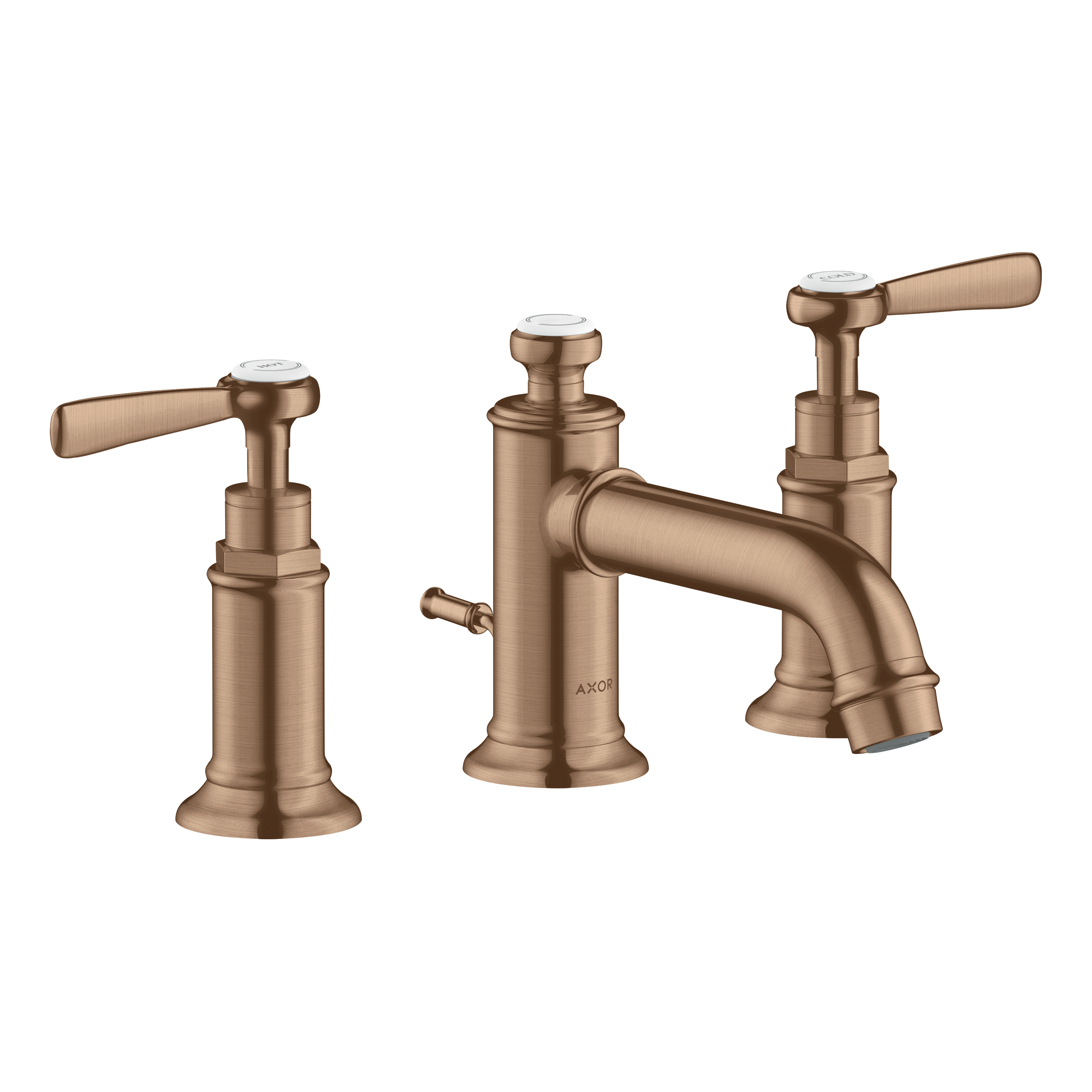 AXOR Montreux 3-Hole Basin Mixer Faucet 30 with Lever Handles and Pop-Up Waste Set from Brandt in Brushed Red Gold finish