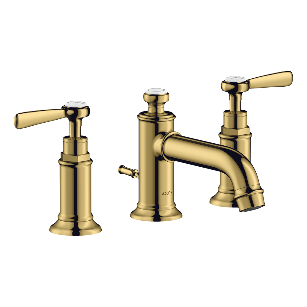 AXOR Montreux 3-Hole Basin Mixer Faucet 30 with Lever Handles and Pop-Up Waste Set from Brandt in Polished Gold Optic finish