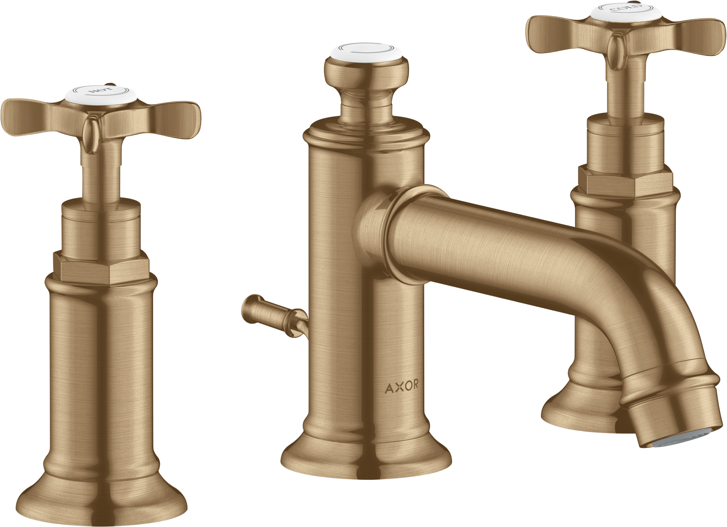 AXOR Montreux 3-Hole Basin Mixer Faucet 30 with Cross Handles and Pop-Up Waste Set from Brandt in Brushed Bronze finish